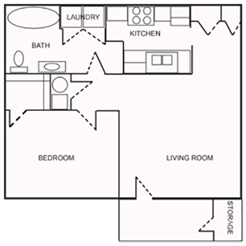 Floor plan for 1 bed, 1 bath, 691 sqft